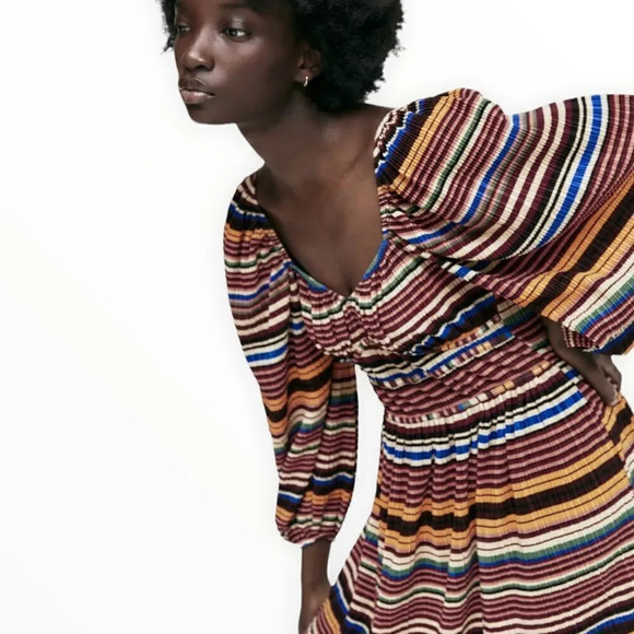 ZARA | Chocolate Brown | PRINTED PLEATED DRESS - Picture 7 of 10